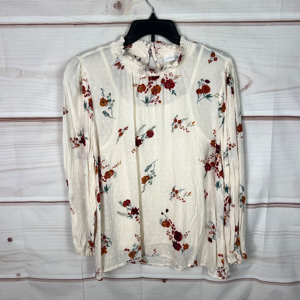 LUQ Top Womens XL Cream Floral Blouse Swiss Dot Lined Smocked Neck Pullover